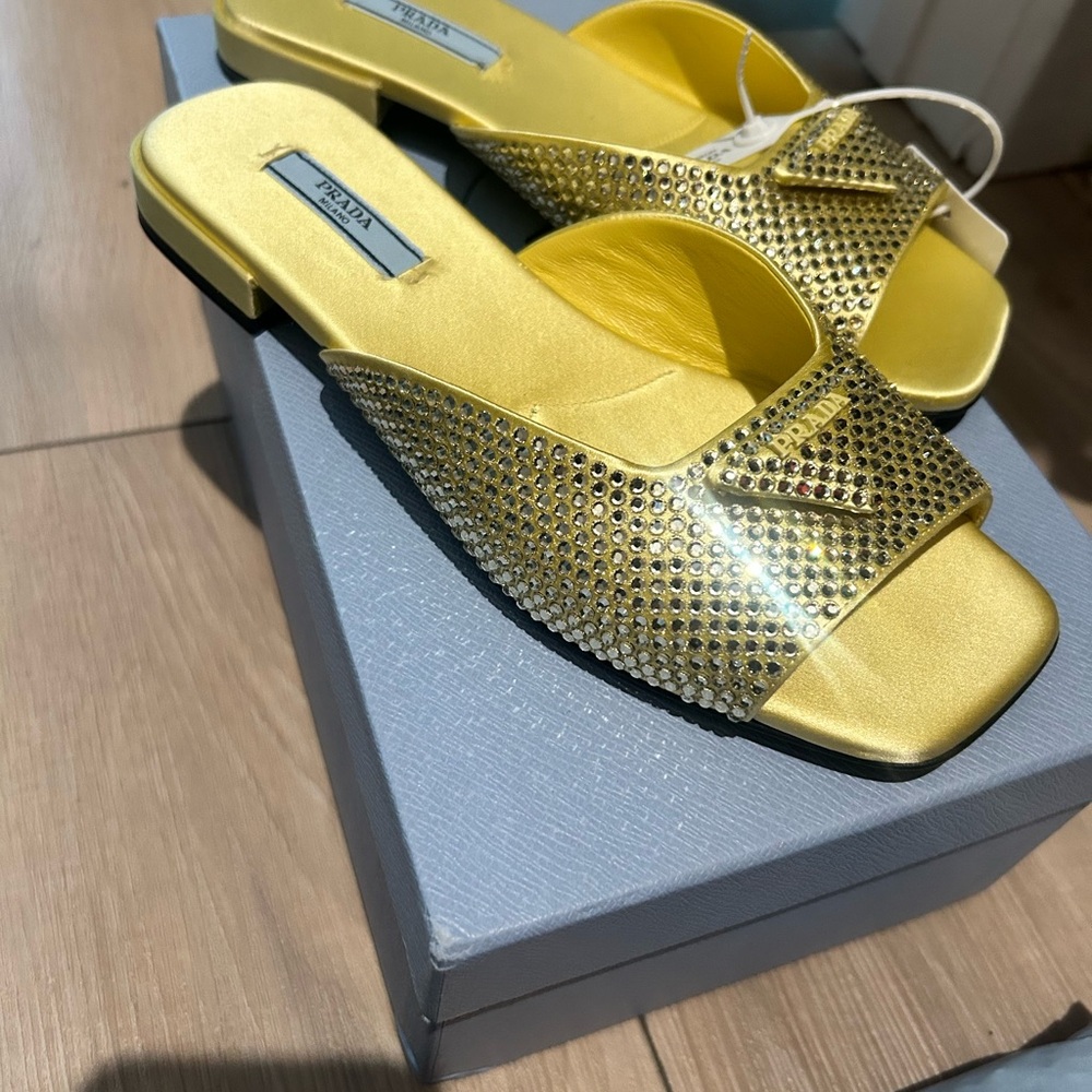 Prada Yellow Crystal Embellished Women's Slides